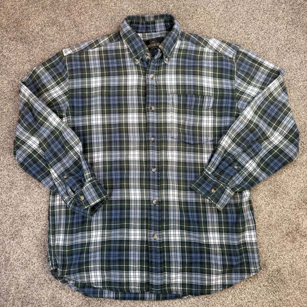RedHead Mens Plaid Flannel Shirt Blue Green White Cotton Button Down Medium